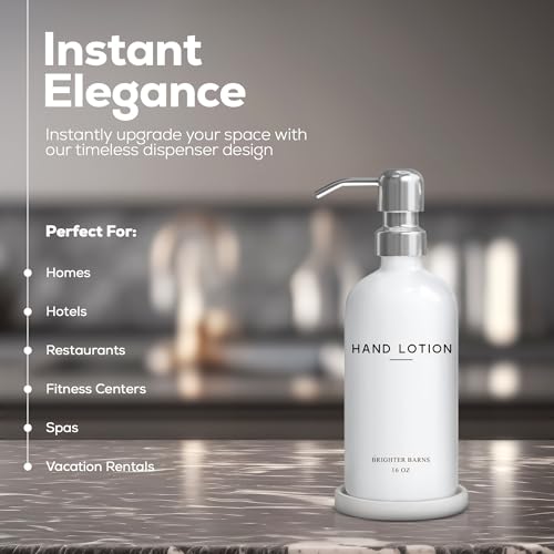 White Glass Lotion Dispenser with Pump Bathroom Set by Brighter Barns - Hand Lotion Dispenser Set with Tray - Modern Bathroom Accessories for Guest House, Hotel, Spa, Restaurant, Airbnb, Gift (White) - color: Silver L