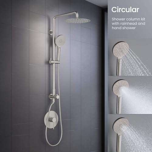 KIBI Brushed Nickel Circular Wall Mounted Rain Shower Column | 2-Function Shower Faucet System with Rough-In Valve | Solid Brass Construction for Reliable Water Flow and Temperature Control (KSC403BN) - color: Brushed Nickel