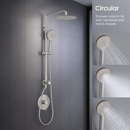 KIBI Brushed Nickel Circular Wall Mounted Rain Shower Column | 2-Function Shower Faucet System with Rough-In Valve | Solid Brass Construction for Reliable Water Flow and Temperature Control (KSC403BN) - color: Brushed Nickel