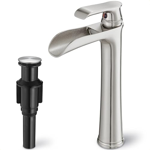 Brushed Nickel Bathroom Faucet Brass Waterfall Faucet for Bathroom Sink, Tall Vessel Sink Faucets, Vanity Faucet 1 Hole Single Handle with Pop-Up Drain Supply Hoses for Lavatory RV Farmhouse - color: Brushed Nickel