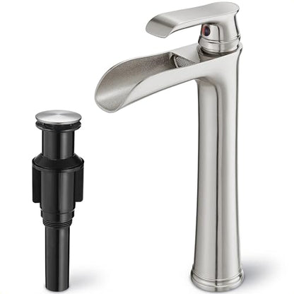 Brushed Nickel Bathroom Faucet Brass Waterfall Faucet for Bathroom Sink, Tall Vessel Sink Faucets, Vanity Faucet 1 Hole Single Handle with Pop-Up Drain Supply Hoses for Lavatory RV Farmhouse - color: Brushed Nickel