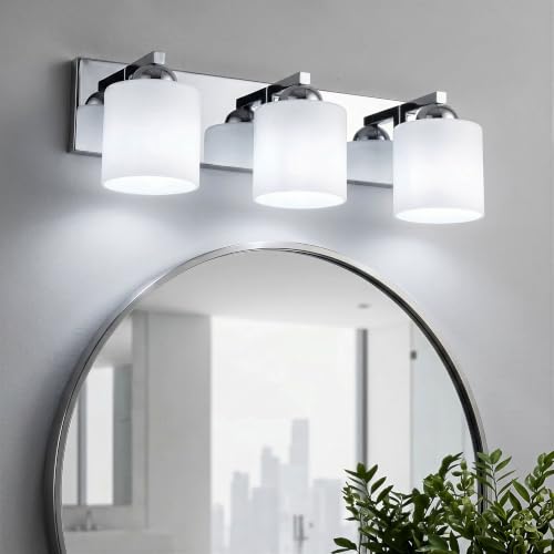 mirrea 3-Light Chromed Bathroom Vanity Light with White Glass Shades | Over Mirror,Wall Sconce,ETL listed,Bathroom Lighting Fixtures,Elegant Design,Milk White Glass Shade,Easy Installation - color: Chromed, size: 3-light