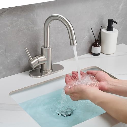 Brushed Bathroom Sink Faucet with Pull Out Sprayer for 1 Hole,Bar Sink with Pop-Up Drain,Single Handle Small Kitchen Faucet with 4 in Deck Plate,360°Swivel Faucet for Farmhouse Vanity - color: Brushed Nickel, style: Pull out-R