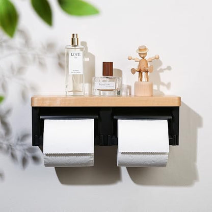 Wooden Toilet Paper Holder, Wood Wall Mount Toilet Paper Holder, Large Toilet Paper Holder Wall Mounted with Storage - color: Wood White&black, size: Full