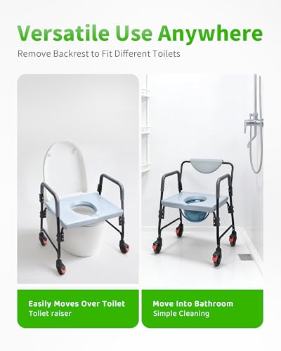 Bedside Commode - Rolling Shower Chair with Wheels - Portable Toilet for Elderly - Rear Locking Wheels 7-qt Commode Bucket Included, HDB-601A