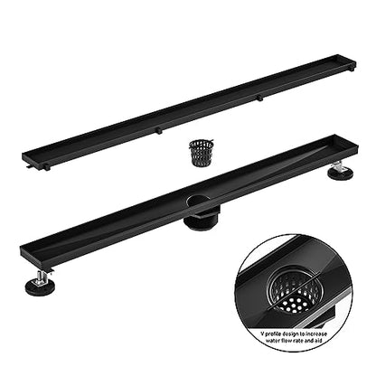 Linear Shower Drain 28" Matte Black 304 Stainless Steel | Fast Drainage | Tile Inserted | Stainless Floor Drain Grate | Hair Strainer | Drain Key | The Upgrade for Your Bathroom - size: 28 Inch