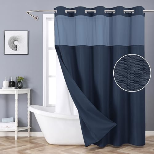 eachope No Hook Shower Curtain with Snap-in Fabric Liner Set,Slub Textured Fabric Shower Curtains for Bathroom,Hotel Style Modern Shower Curtain,Water Repellent & Washable,71x74(72),Navy Blue | Hotel Style Fabric with See-Through Top Window, Water Repelle