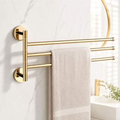Solid Brass Swivel Towel Bar, Brushed Gold Bathroom Towel Rack, No Drill Adhesive Wall Mounted Rail Hanger, Space Saving Multi Arm Holder for Kitchen Restroom(Gold,19cm) - color: Gold, size: 19cm