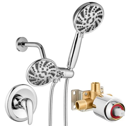 gotonovo Dual Shower Head Kit with Valve 6 Mode Handheld Polished Chrome | 6 Mode ABS Rain Head 6 Mode ABS Handheld Spray 2 in 1 Bathroom Trim Kit Pressure Balance Valve Shower Head and Handle Set - color: Chrome