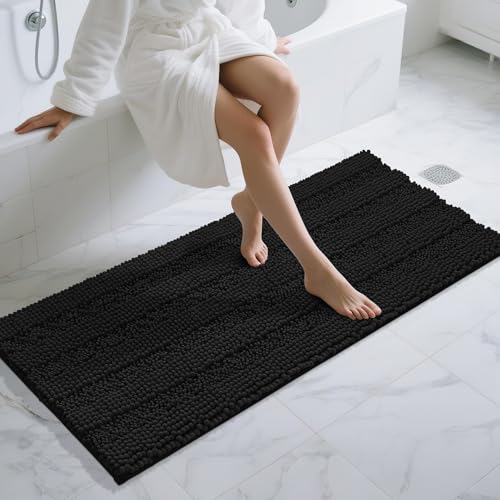 Yimobra Bathroom Runner Rugs 60"x24", Non Slip and Absorbent Bath Mat, Super Soft Water Absorbent Hallway Carpet, Machine Washable Rug for Vanity Tub Shower, Black - color: Black, size: 60" X 24"