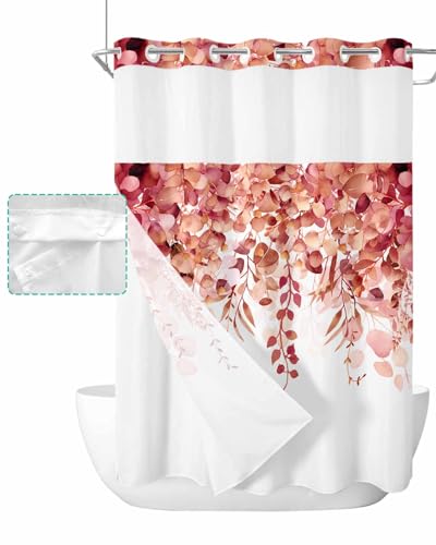 No Hook Shower Curtain and Snap in Liner Set, Red Eucalyptus Fabric Bathroom Stall Shower Curtains 48x72, See Through Mesh Top Window, Spring Summer Botanical Floral Leaves Country Hotel Style - color: Red, size: 48"W x 72"L (Pack of 1)