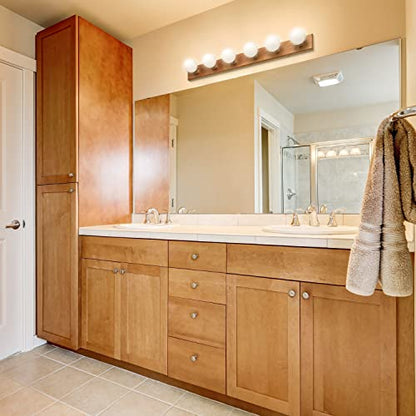 Design House Bathroom Vanity Light Fixtures Over Mirror, 6-Light Vanity Lights for Bathroom, Dimmable Wall Mount Lighting, Horizontal or Vertical Installation, Honey Oak, 36-Inch, 500223 | Dimmable, Wall Mount, Contemporary/Modern, Wood, Lighting, 500223