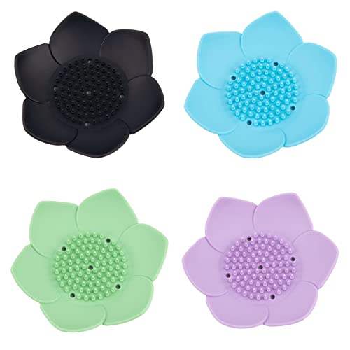 AUEAR, 4 Pack Lotus Flower Shape Silicone Soap Dish Holder Stand for Bar - color: Black & Blue & Purple & Light Green, size: 4 Pack