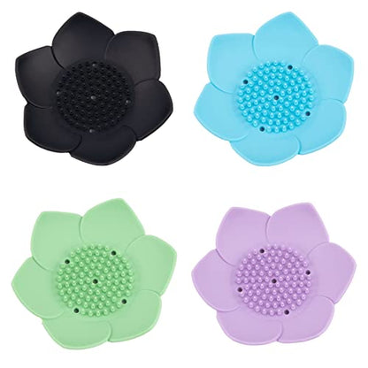 AUEAR, 4 Pack Lotus Flower Shape Silicone Soap Dish Holder Stand for Bar - color: Black & Blue & Purple & Light Green, size: 4 Pack