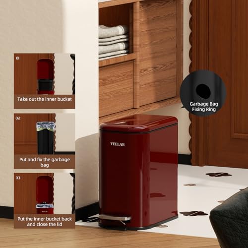 Slim Bathroom Trash Can with Lid, 1.6 Gallon / 6 Liter Stainless Steel Trash Bin, Step Pedal Garbage Cans for Bedroom, Kitchen, Office (Red) - color: Red(Step Pedal), size: 1.6 Gallon (6L)