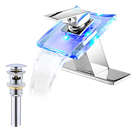 Bathroom Waterfall Sink Faucet Chrome LED Glass Spout with Drain Stopper | Single Handle One Hole Modern Design Basin Faucet 3 Color Changing Battery Powered Lavatory Vanity Sink Deck Mount - color: Chrome, style: LED with Drain