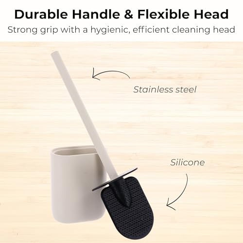 Oval Toilet Brush & Holder Set, Steel Handle, Deep Clean, Polyresin, Beige | Compact, Toilet cleaning, Daily hygiene, Guest bathroom, Small spaces, Hygienic Discreet Holder, Easy to Clean, Sturdy Build - color: Beige