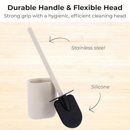 Oval Toilet Brush & Holder Set, Steel Handle, Deep Clean, Polyresin, Beige | Compact, Toilet cleaning, Daily hygiene, Guest bathroom, Small spaces, Hygienic Discreet Holder, Easy to Clean, Sturdy Build - color: Beige