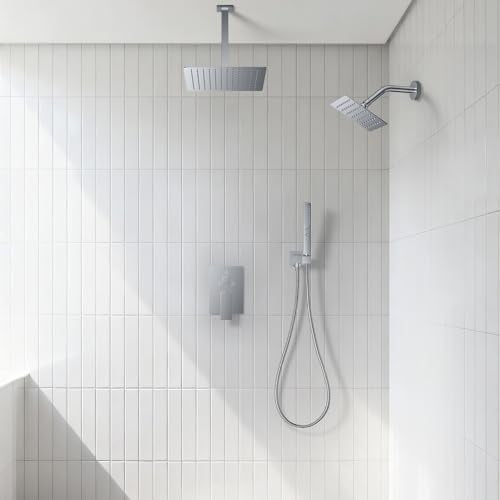 Rain Shower System 12" & 6" Dual Shower Heads Ceiling Shower Faucet Set | Ideal for bathroom remodels and upgrades with 12" rain shower, 6" angled shower, handheld spray and complete valve kit. - color: Polished Chrome, size: Ceiling Mounted - 12"+6" Show