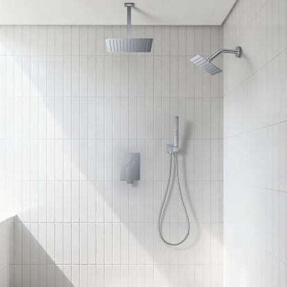 Rain Shower System 12" & 6" Dual Shower Heads Ceiling Shower Faucet Set | Ideal for bathroom remodels and upgrades with 12" rain shower, 6" angled shower, handheld spray and complete valve kit. - color: Polished Chrome, size: Ceiling Mounted - 12"+6" Show