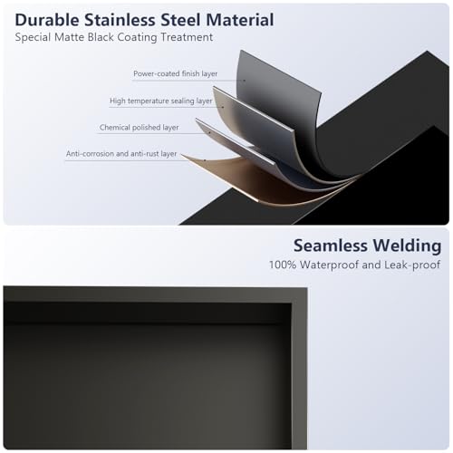 LED Stainless Steel Shower Niche 24" x 12" No Tile Needed | Recessed Wall Niche with Light, Shower Shelf for Bathroom Storage Insert Installation (Matte Black)