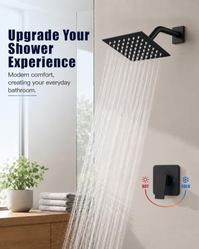 Heyalan 6 Inch Square Rain Shower Faucet Set with Valve, Matte Black | Female-thread 1/2-inch NPT connections, SUS304 shower head, brass rough-in valve, single-handle control Shower Set - color: Black, size: 6 Inch Square Shower Head