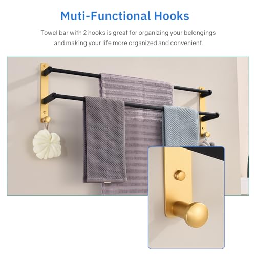 Double Towel Bar with Hooks, 30 Inch Long Towel Hanger - Stainless Steel Bathroom Towel Rack Wall Mounted, Black & Gold - color: Black & Gold, size: 30-Inch