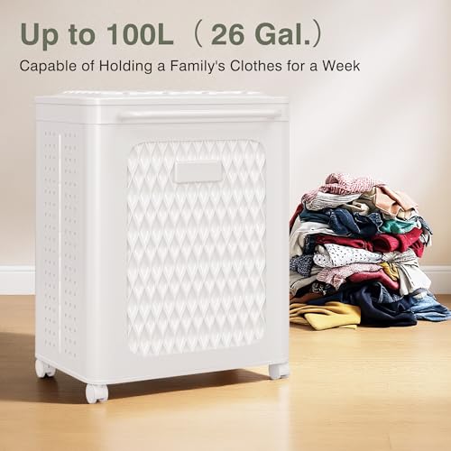 VECELO Rolling Laundry Hamper with Wheels and Lid, Foldable Plastic Laundry Basket with Handle, Rolling Divided Laundry Cart for Small Spaces, Laundry, Bathroom, Bedroom, White - color: White