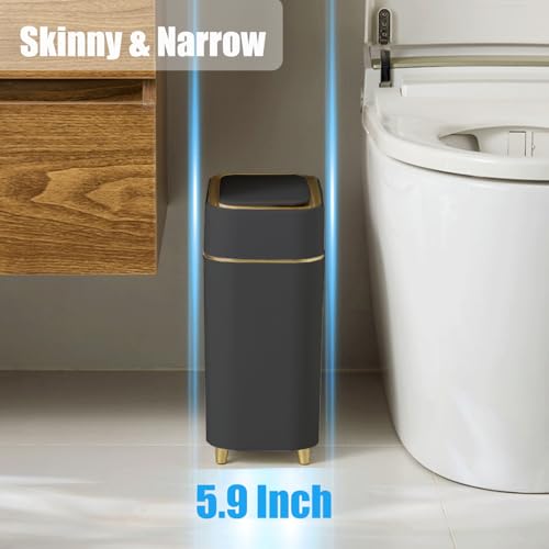 Automatic Bathroom Trash Can with Touchless Lid - Motion Sensor Trash Can | Bathroom, Bedroom, Kitchen, Laundry room, Small Spaces - Slim Smart Trash Bin - Black with Gold Edge, 1Pack - color: Black Gold, size: 1 Pack