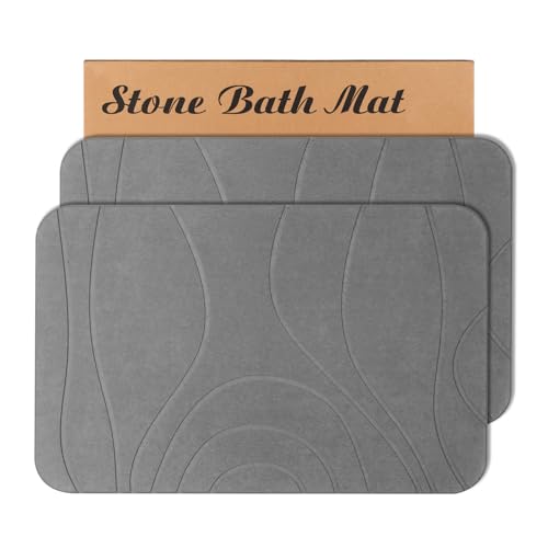 Stone Bath Mat, 2 Pack Diatomaceous Earth Shower Mat, Non-Slip Super Absorbent Quick Drying Bathroom Floor Mat, 24x15, Grey - color: Grey