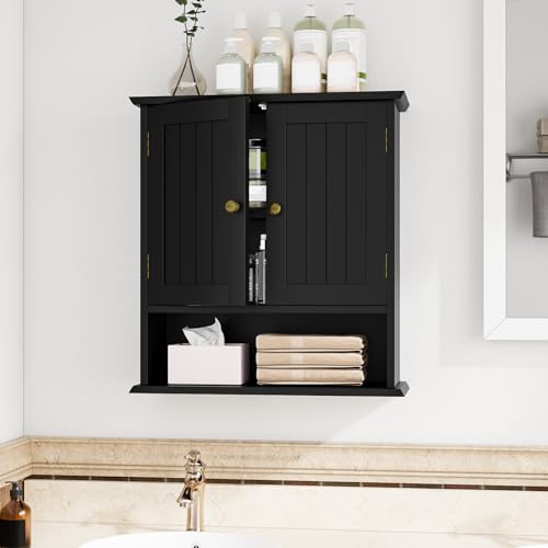 Bathroom Wall Cabinet, Bathroom Cabinet Wall Mount with 2 Doors and Open Shelf, Over The Toilet Wall Storage, Wooden Medicine Cabinets - color: Bathroom Cabinet-black