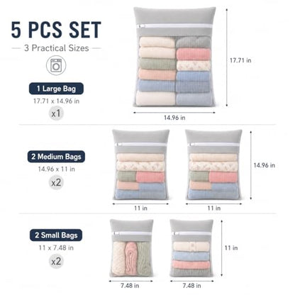 Gray 5-piece set in bags, durable cotton mesh laundry bags, sturdy zipper, breathable mesh, delicate laundry bags, suitable for underwear, clothes, pants, and socks - color: Gray
