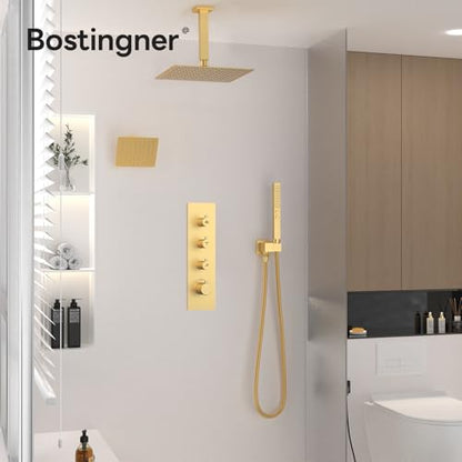 Shower Faucet Set,Thermostatic Shower System Brushed Gold,12 Inch Ceiling Mounted and 6 Inch Wall Mount Rain Shower Head with 2 in 1 Handhled,High Pressure Dual Shower Head Combo Set - color: Gold, size: 12"-1