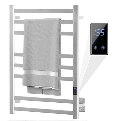 8-Bar Towel Warmer Rack, Brushed Stainless Steel | Brushed 304 stainless steel, 115-155°F temp control, 1-24H auto shut-off timer, plug-in or hardwired install - color: Brushed