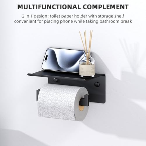 Angle Simple Toilet Paper Holder with Shelf Matte Black, Tissue Roll Holder | SUS304 Stainless Steel Bathroom Toilet Roll Hanger, Fit Most Rolls, Top Shelf for Placing Phones Wet Wipes, Screw Wall Mount - color: Matte Black, size: Single Rod