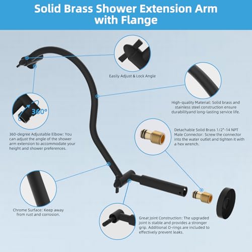 Hibbent All Metal Upgraded 18'' Shower Head Extension Arm, Matte Black | Shower Arm with Flange, Brass Flexible Height & Angle Adjustable Shower Extender with Lock Joint, Universal Connection - color: Matte Black
