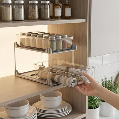 2 Pack Bathroom Organizer,2 Tier White Under Sink Organizers Vanity Countertop Storage Container,Cabinet Drawers Bins, Pull-Out Organization with Track for Pantry, Kitchen