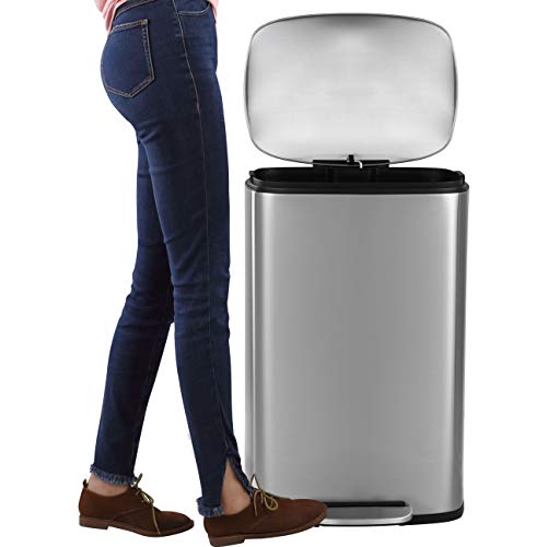 happimess Connor 2-Piece Stainless Steel Trash Can, Platinum Silver | 13.2 and 1.3 Gallons, Rectangular, Soft-Close Lid, Fingerprint Resistant, Step Pedal, 20 Liners, 26" and 12" Height - color: Stainless Steel