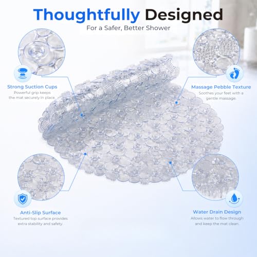 Bath Bliss Non-Slip Pebble Bathtub Mat 18x36 Oval Clear Color | Suction Cup Shower Mat with Drain Holes | Machine Washable Anti-Slip Tub Mat - color: Clear