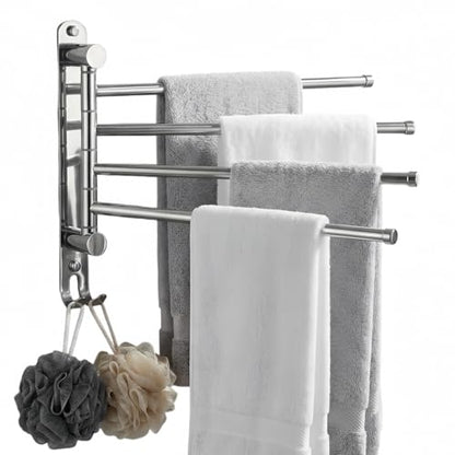 Swivel Towel Rack Wall Mounted, 1/2/3/4-Bar Options, 12.8" Long Arm SUS304 Stainless Steel, No Drill Adhesive 180° Rotating, Heavy Duty Rustproof Towel Bar for Bathroom Kitchen (Holds 30 lbs) - color: 4-bar