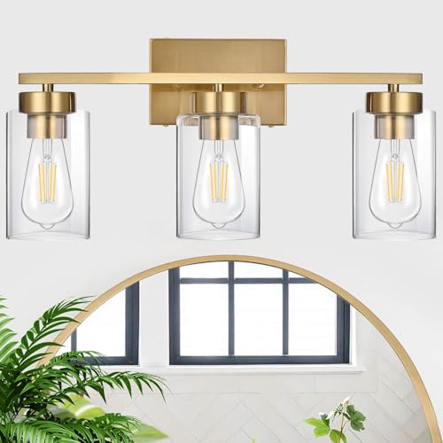 3-Light Bathroom Vanity Light, Modern Brushed Gold Wall Lights with Clear Glass Shades, Bathroom Wall Sconce Lamp for Mirror Living Room Bedroom Hallway - color: 3 Light Gold-Small