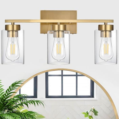 3-Light Bathroom Vanity Light, Modern Brushed Gold Wall Lights with Clear Glass Shades, Bathroom Wall Sconce Lamp for Mirror Living Room Bedroom Hallway - color: 3 Light Gold-Small