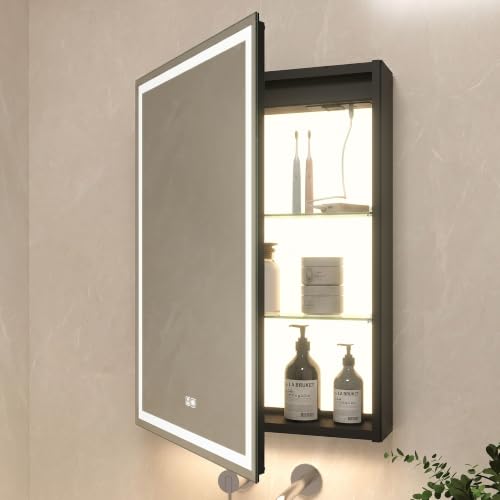 20x28 Inch Aluminum LED Bathroom Mirror Cabinet with Backlit Panel | Light Adjustment, Anti-Fog, Sockets&USBs, High Capacity, Easy to Install - color: Inner Glow-left Hinge-20*28