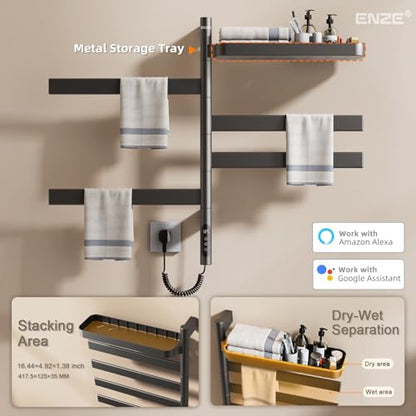 ENZE Smart Rotating Heated Towel Rack, 4-Bar Wall-Mounted, Gray | Electric Towel Warmer with Swivel Shelf, Wi-Fi App Control, 24H Timer, Stainless Steel, IPX5, Hardwired/Plug-in - color: Gray 17.72"x26.77"