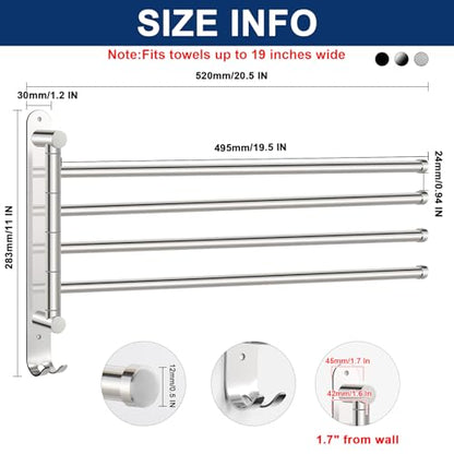 NearMoon Swivel Towel Rack, 19.5" Thicken 304 Stainless Steel 4-Arm Towel Bar, Space Saving Wall Mounted Towel Holder with Hook, Rustproof Swing Out Towel Hanger for Bathroom, Kitchen (Chrome Finish) - color: Chrome Finish, size: 19.5 Inch