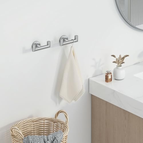 Angle Simple Towel Hooks for Bathrooms, 2 Pack Robe Holder, Brushed Nickel | Hand Towel Coat Holder, Solid SUS304 Stainless Steel, Versatile Double Hook, Modern Design, Wall Mount - color: Brushed Nickel, size: 2 Pack
