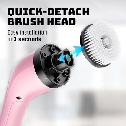 Highyes Electric Spin Scrubber for Bathroom, Upgrated Powerful IPX7 Waterproof Shower Scrubber with Extendable Long Handle A10D (Pink) | IPX7 Waterproof Shower Scrubber with Extendable Long Handle，Bathroom Cleaning Scrubber with 7 Reusable Brush Heads - c