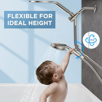 Dual Handheld Shower Head Combo, 2-in-1 Rain Shower Heads System 8 Inch Rainfall Shower Head and 10 Modes High Pressure Hand Held Showerhead with Built-in Power Wash - color: Brushed Nickel, size: 8 Inch Standard