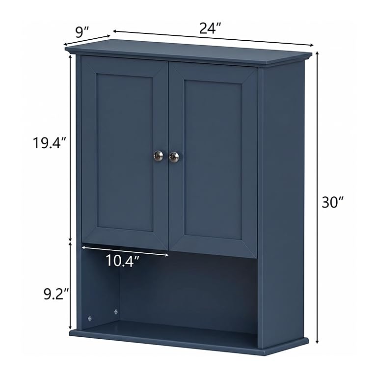 Medicine Cabinet, Over The Toilet Storage Cabinet, 24x30 Inch Wall Mount Bathroom Storage Cabinet with 2 Doors & Adjustable Shelf, Wooden Bathroom Wall Cabinet, Navy Blue - color: Blue