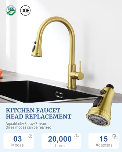 Kitchen Faucet Head Replacement - Pull Down Spray Head with 15 Adapters | 3-Function Stream/Spray/Blade, Easy Install, Removable Aerator, for Delta Moen Kohler, Pull Out Sprayer Nozzle, Brushed Gold - color: Brushed Gold